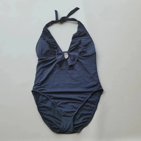 Mossimo Women's Black V-Neck Ruffle top Bathing Swim Suit One Piece Sz L - Picture 10 of 11